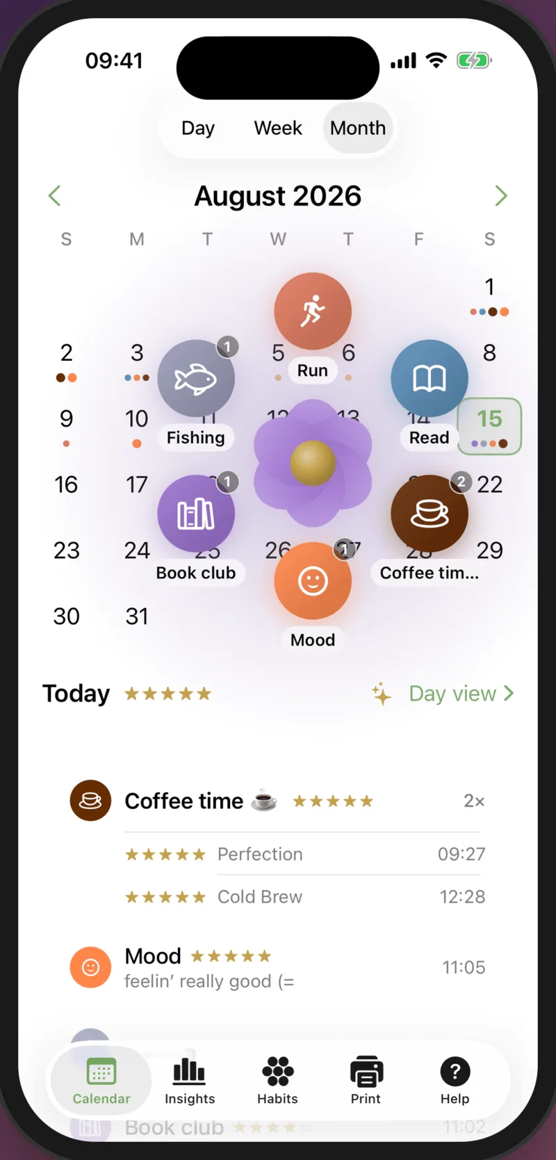 Qualian sur iPhone : un calendrier mensuel avec six pétales d'habitudes colorés déployés autour d'une fleur centrale.